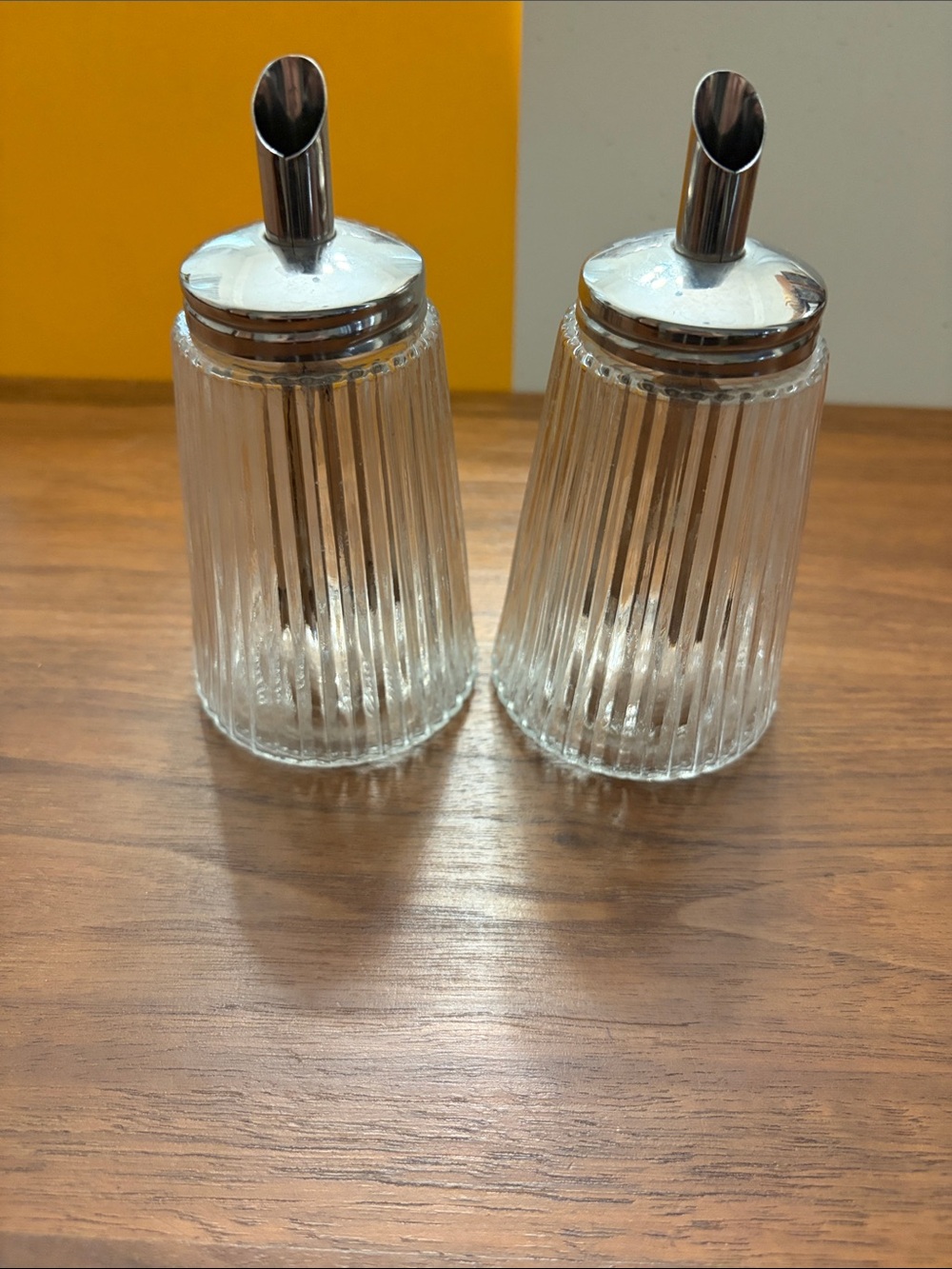 Vintage West German Clear Glass Pourer with Stainless Steel Tops - Set of 2